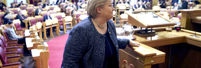  STATSMINISTER:  Statsminister Erna Solberg er sjef for regjeringen. Hun trenger støtte til regjeringens budsjett for 2017. Det er vanskelig.